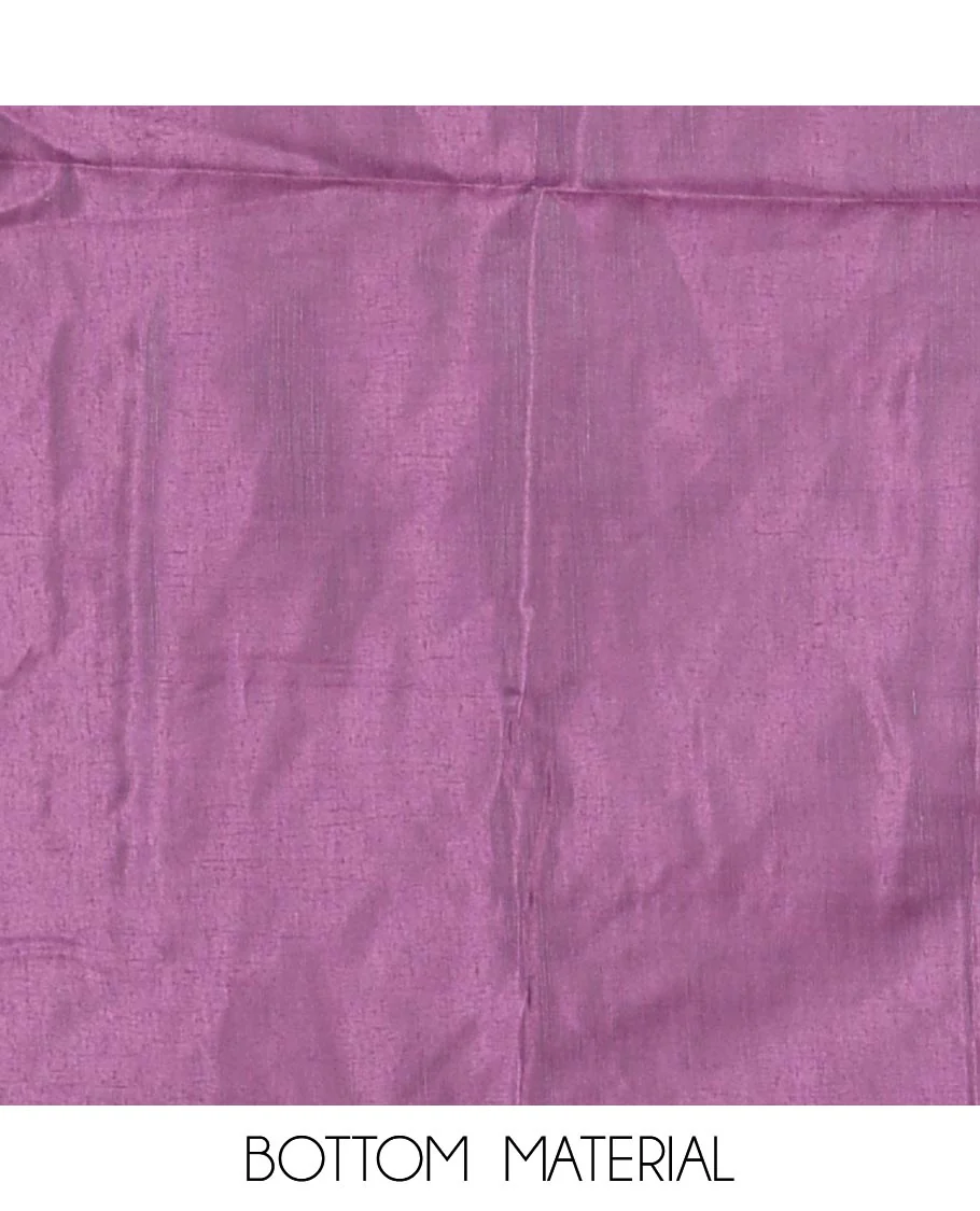 Lavender material chudidar set, plain with pom-pom tasseled mul chanderi top, a matching bottom, and organza dupatta of stripes - Image 5