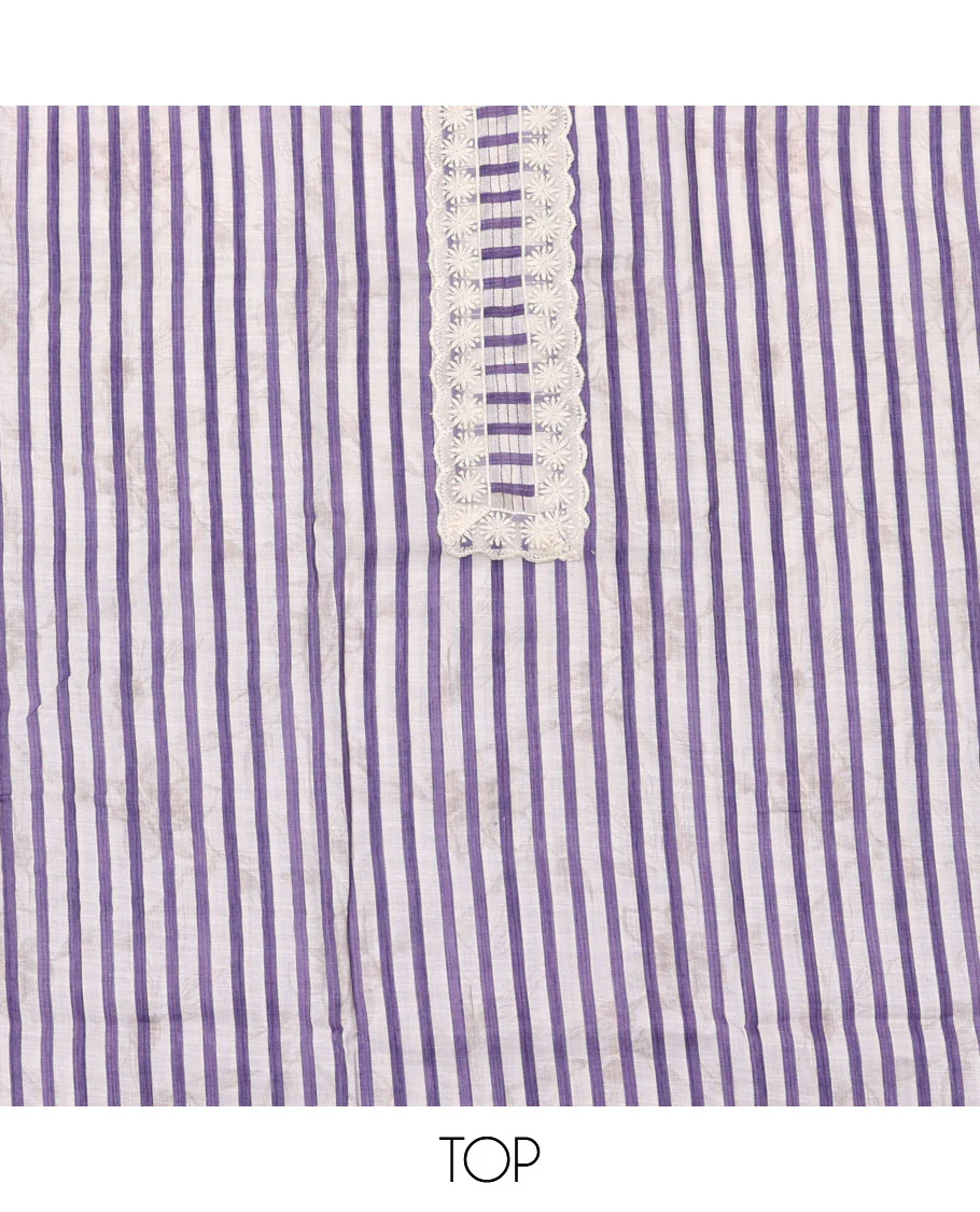 Lavender material chudidar set, striped and neck work top, plain bottom, and floral printed dupatta - Image 2