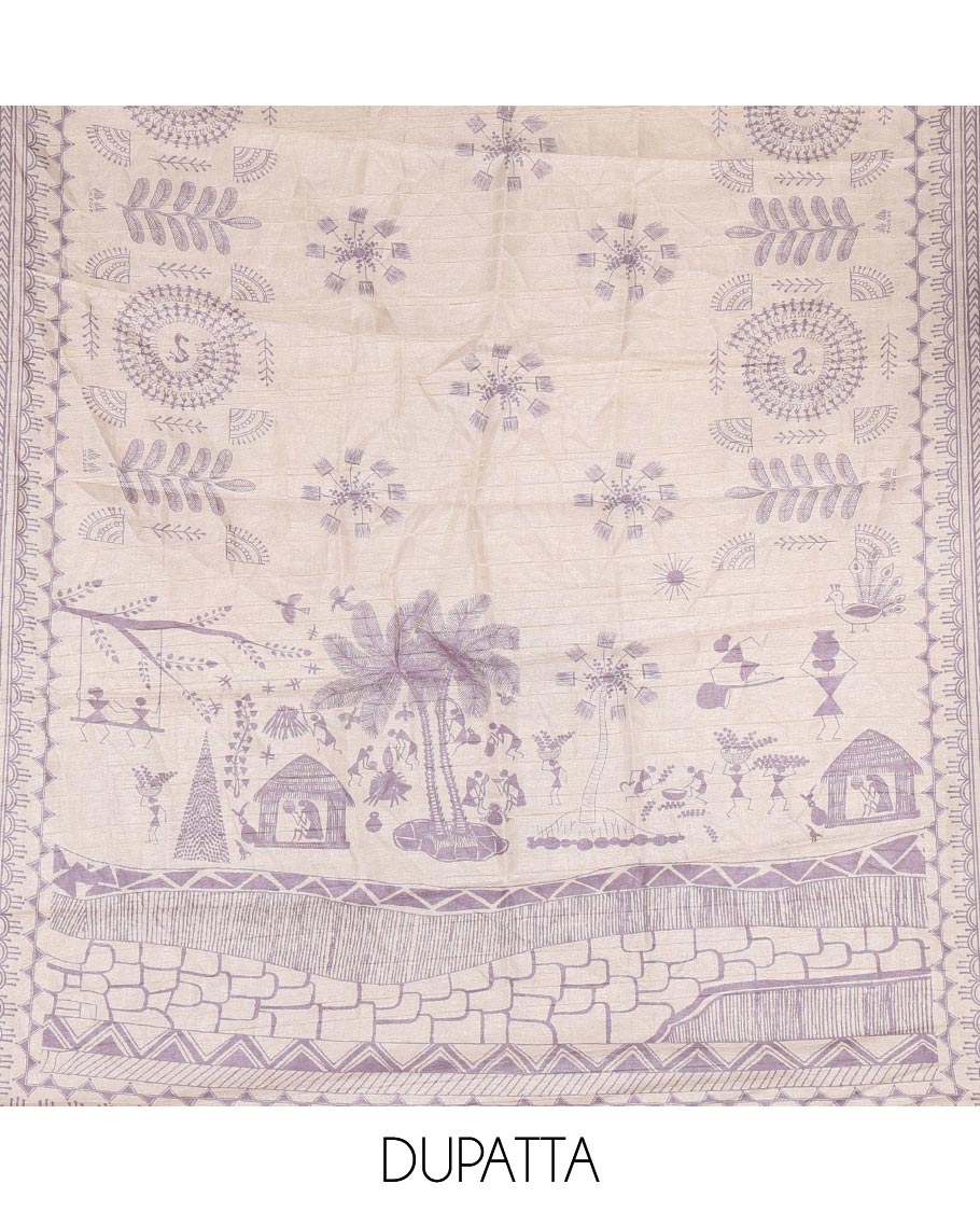 Lavender material churidar set, warli tribe village theme print with mirror work semi-tussar top, plain bottom, and warli tribe village theme print semi-tussar dupatta - Image 2