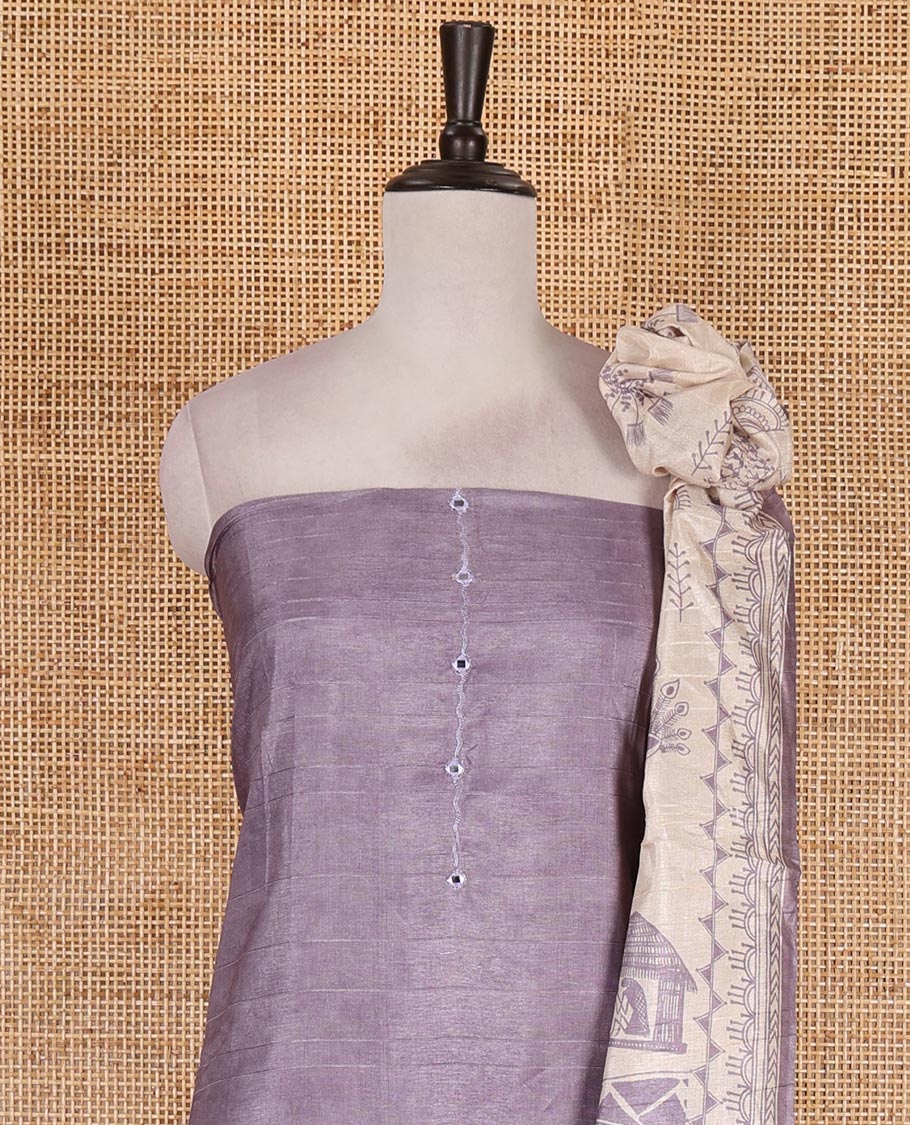 Lavender material churidar set, warli tribe village theme print with mirror work semi-tussar top, plain bottom, and warli tribe village theme print semi-tussar dupatta - Image 3