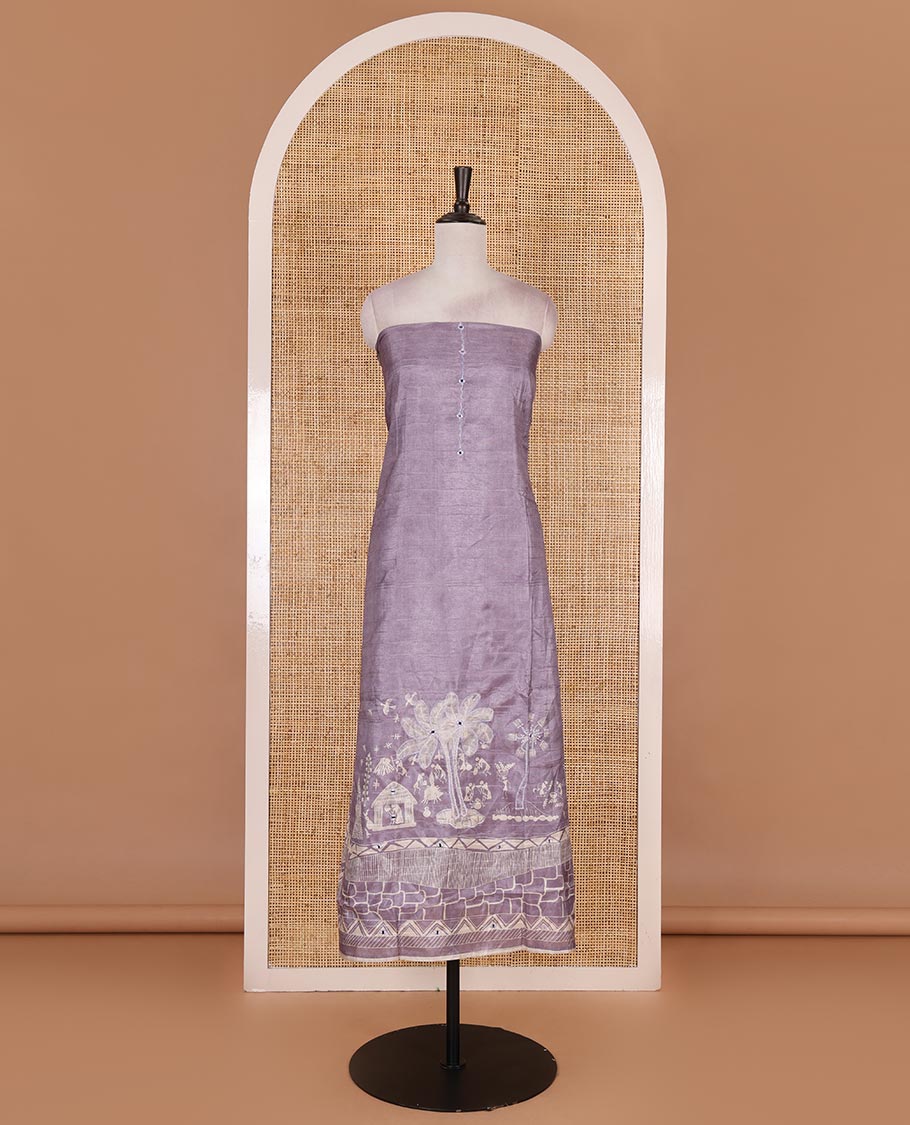 Lavender material churidar set, warli tribe village theme print with mirror work semi-tussar top, plain bottom, and warli tribe village theme print semi-tussar dupatta - Image 4