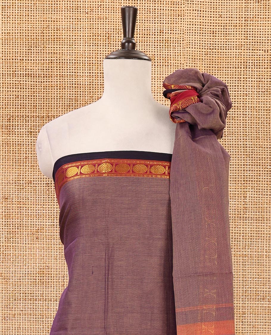 Lavender mercerized cotton material chudidar set,plain contrast traditional rudraksham border top,matching bottom & 2-sided rudraksham border dupatta - Image 3