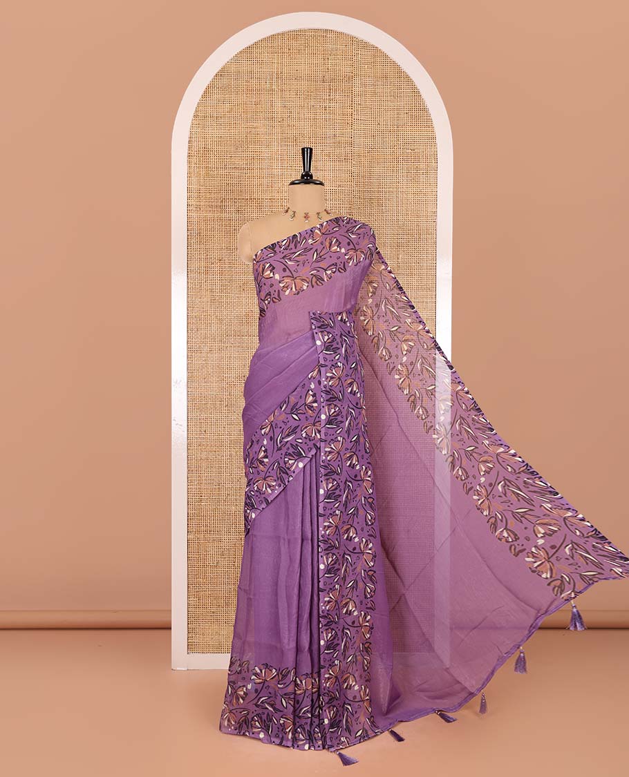 Lavender plain fendy chiffon saree, double-side floral motifs printed border, self-pallu, and no blouse