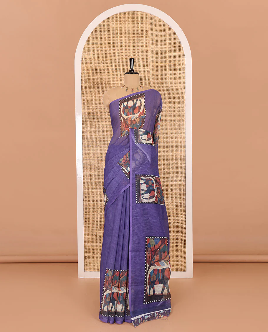 Lavender plain linen cotton saree, mordern art style elephant motifs printed border, elephant printed pallu, and a leaf printed blouse - Image 2
