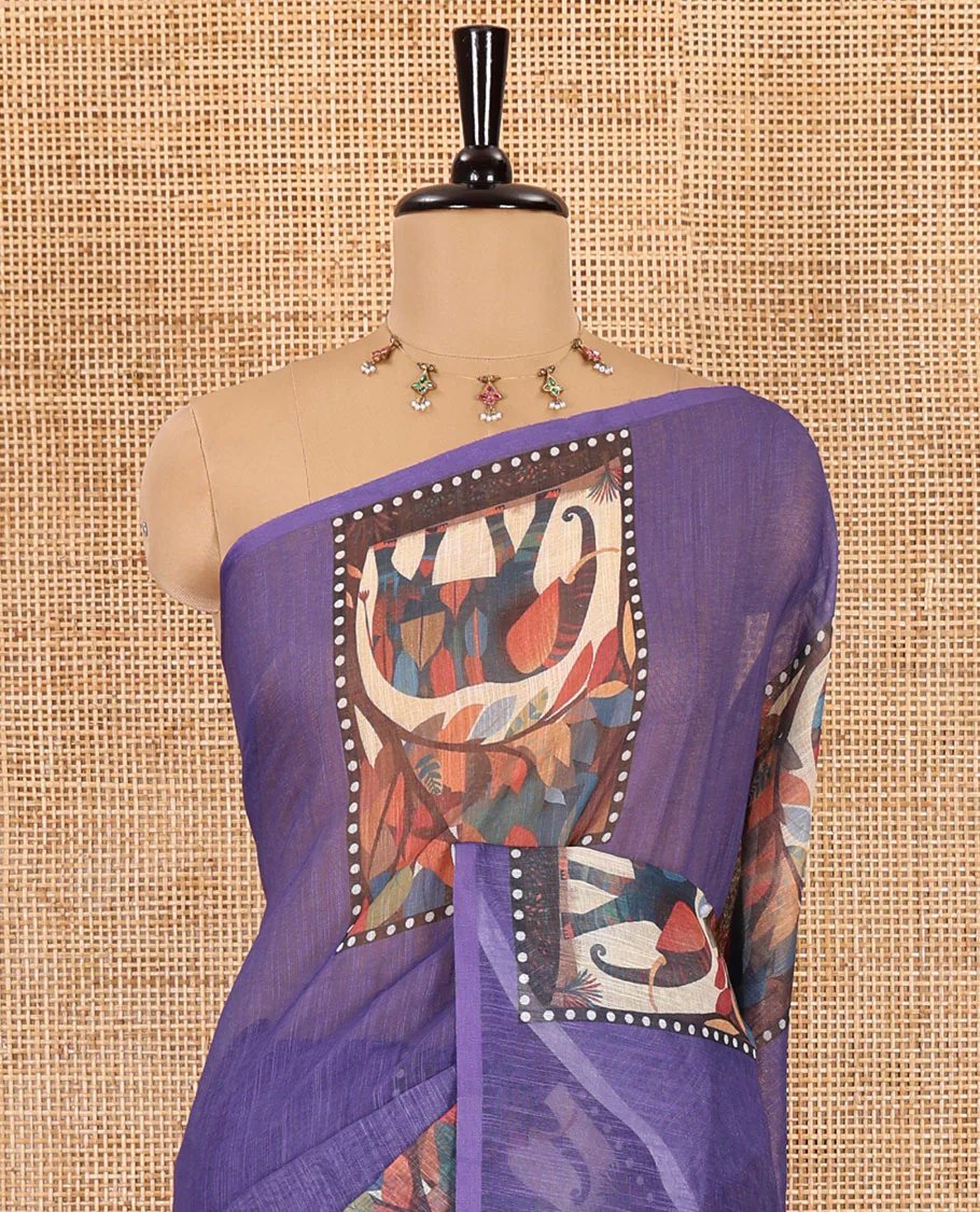 Lavender plain linen cotton saree, mordern art style elephant motifs printed border, elephant printed pallu, and a leaf printed blouse - Image 3