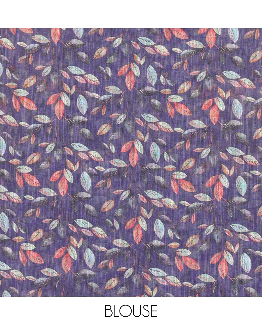 Lavender plain linen cotton saree, mordern art style elephant motifs printed border, elephant printed pallu, and a leaf printed blouse - Image 4