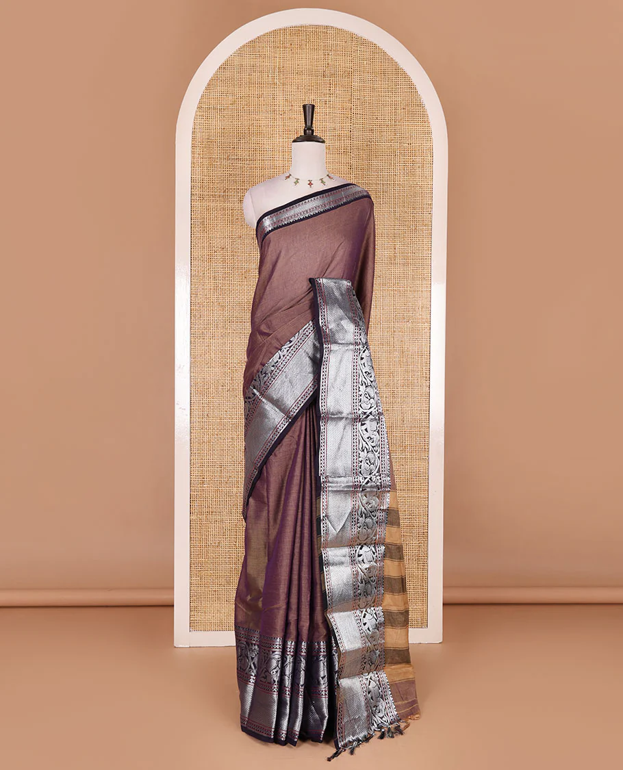 Lavender plain mercerised cotton saree, contrast traditional zari border of elephant and peacock designs, striped pallu, and plain blouse - Image 2