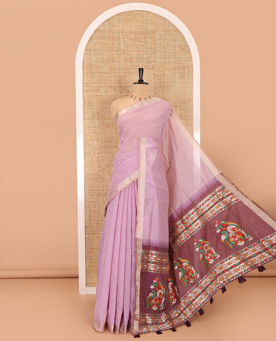 Lavender plain Munga cotton saree, gold zari piping boder, contrast pallu of multi-color jamdani weave, and contrast zari buttas blouse