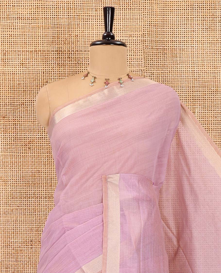 Lavender plain Munga cotton saree, gold zari piping boder, contrast pallu of multi-color jamdani weave, and contrast zari buttas blouse - Image 2