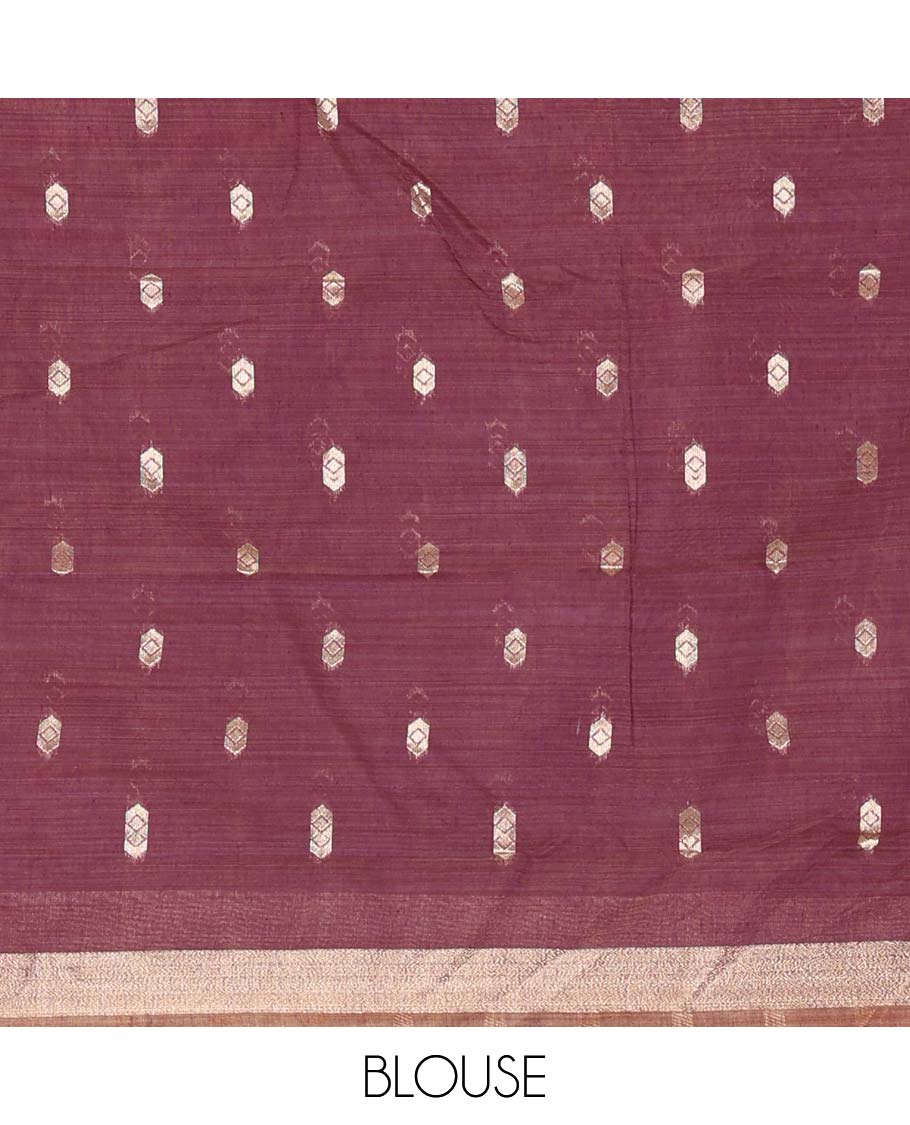 Lavender plain Munga cotton saree, gold zari piping boder, contrast pallu of multi-color jamdani weave, and contrast zari buttas blouse - Image 3