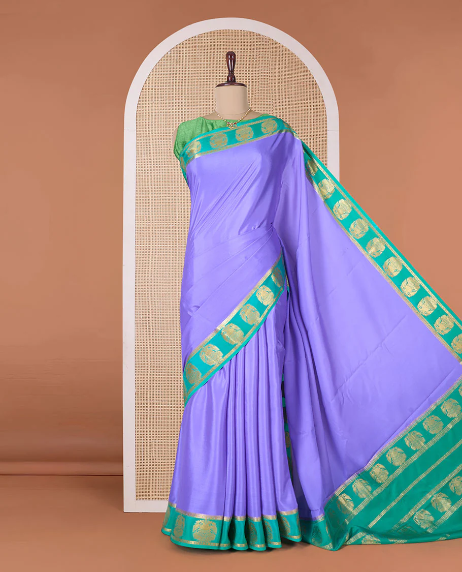 Lavender plain Mysore silk saree, contrast two-headed eagle border, and pallu of traditional designs - Image 2