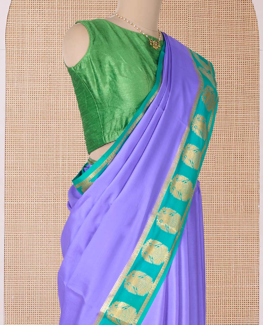 Lavender plain Mysore silk saree, contrast two-headed eagle border, and pallu of traditional designs - Image 3