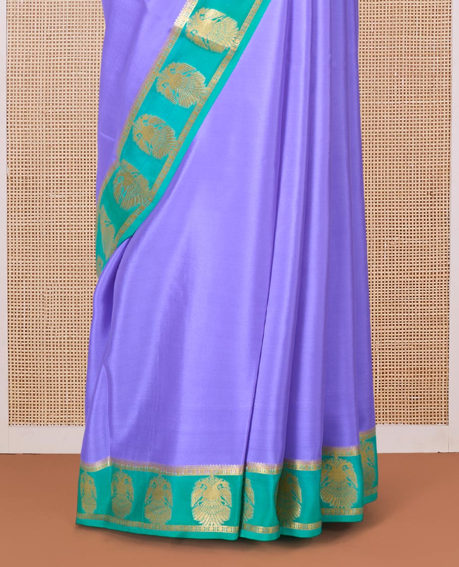Lavender plain Mysore silk saree, contrast two-headed eagle border, and pallu of traditional designs - Image 4