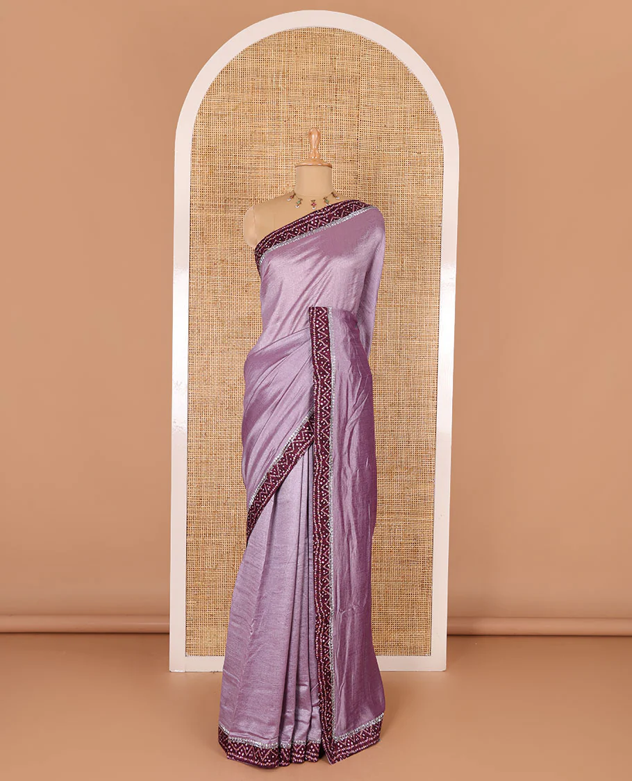 Lavender plain Vichitra silk saree, contrast bandhani printed with Swarovski micro-stonework border, and a contrast bandhani printed blouse - Image 2