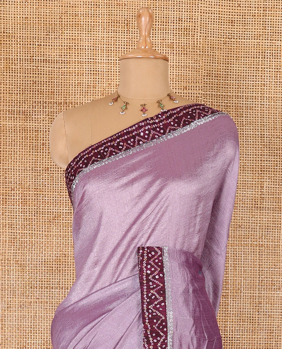 Lavender plain Vichitra silk saree, contrast bandhani printed with Swarovski micro-stonework border, and a contrast bandhani printed blouse - Image 3