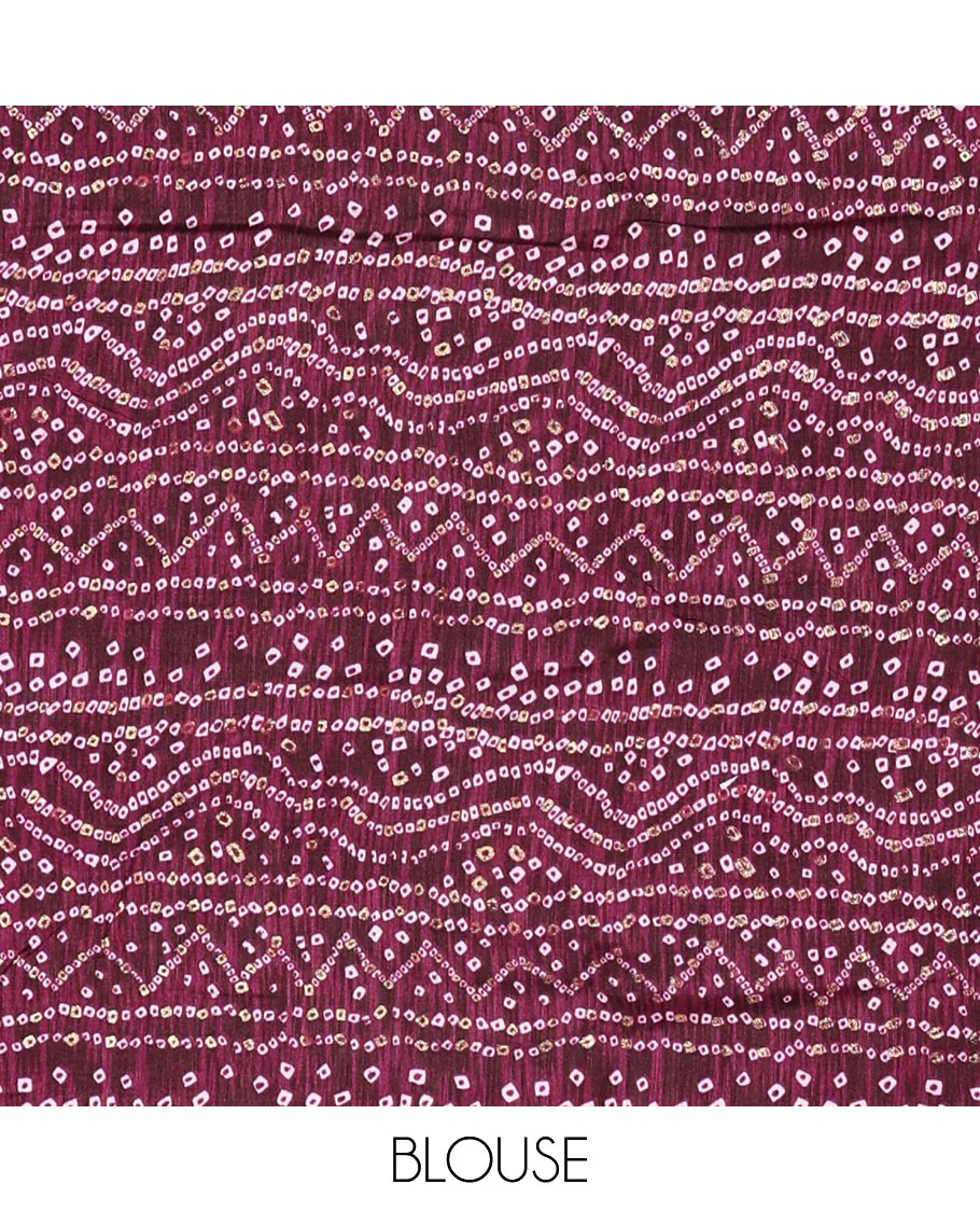 Lavender plain Vichitra silk saree, contrast bandhani printed with Swarovski micro-stonework border, and a contrast bandhani printed blouse - Image 4