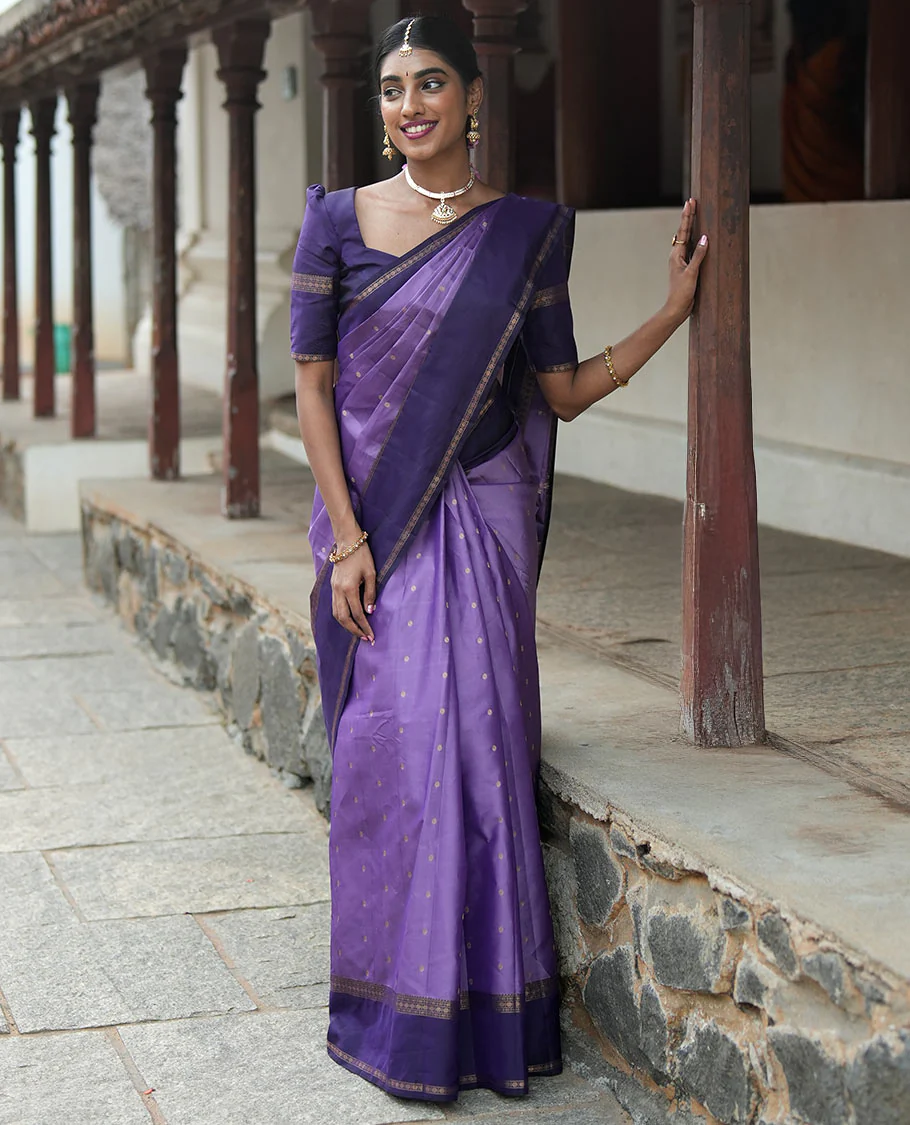 Lavender Poun Buttas Vasundhara Silk Saree, Contrast Rettai Pettu Border of Rekku, Neli, and Rudraksham Designs, and Zari-Rich Intricate Pallu - Image 3
