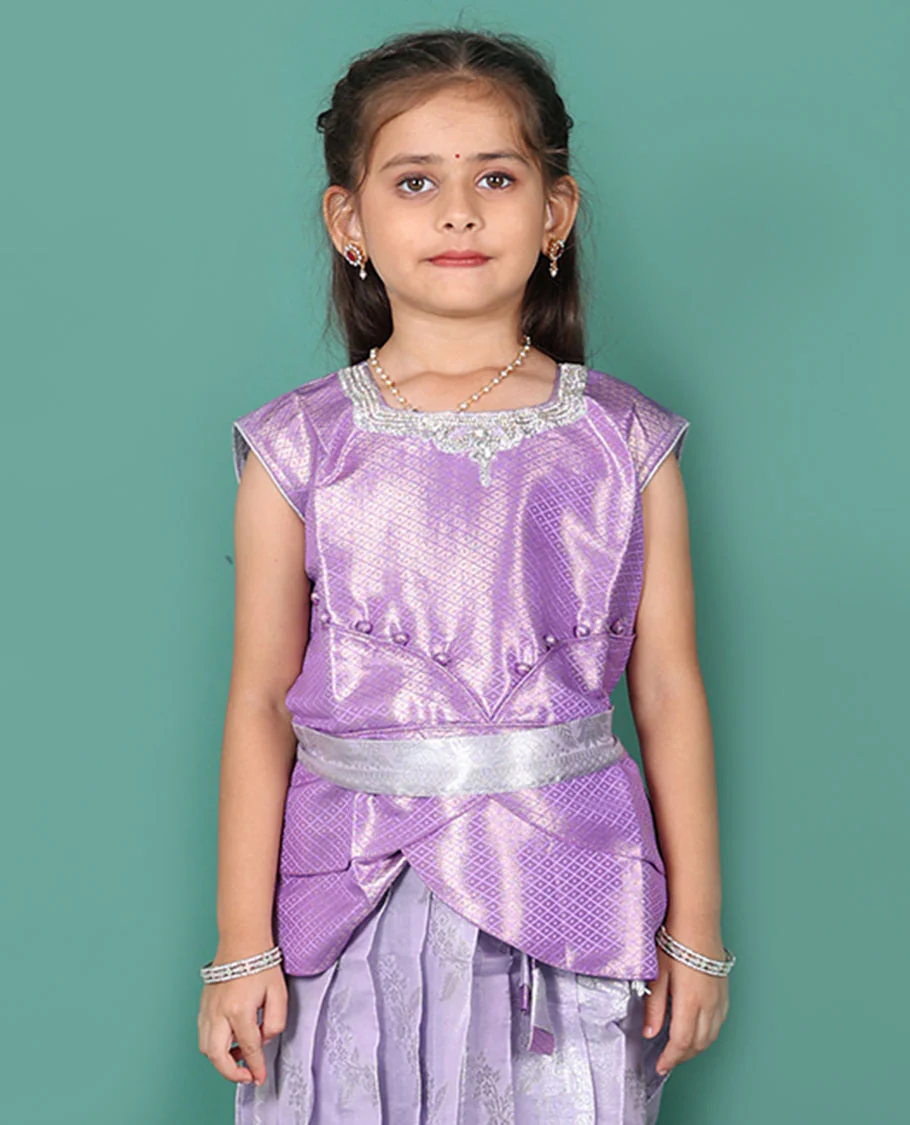 Lavender readymade art silk pavadai set, jacquard with traditional zari border skirt, and jacquard embroidered half saree blouse with belt - Image 3