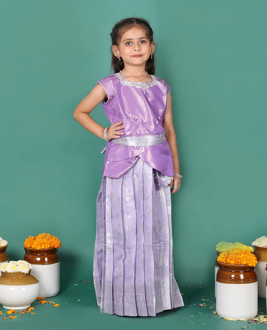 Lavender readymade art silk pavadai set, jacquard with traditional zari border skirt, and jacquard embroidered half saree blouse with belt - Image 4