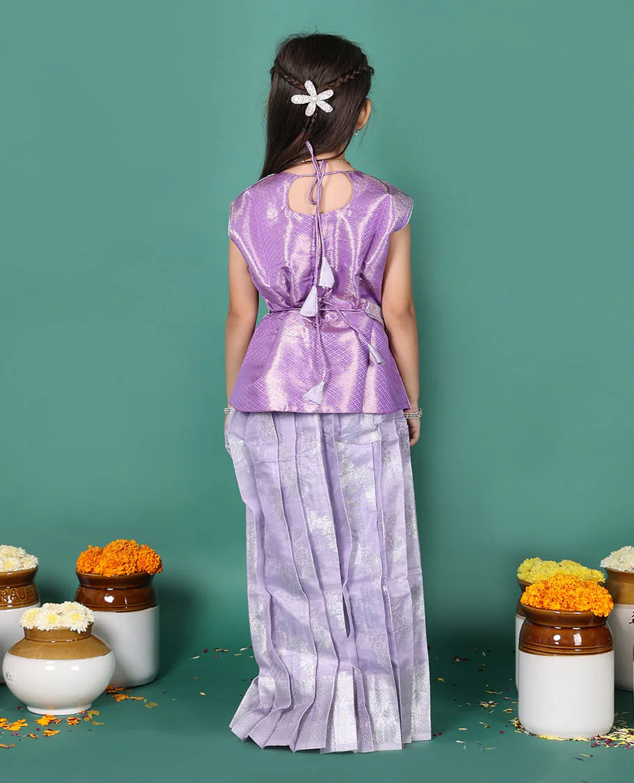 Lavender readymade art silk pavadai set, jacquard with traditional zari border skirt, and jacquard embroidered half saree blouse with belt - Image 5