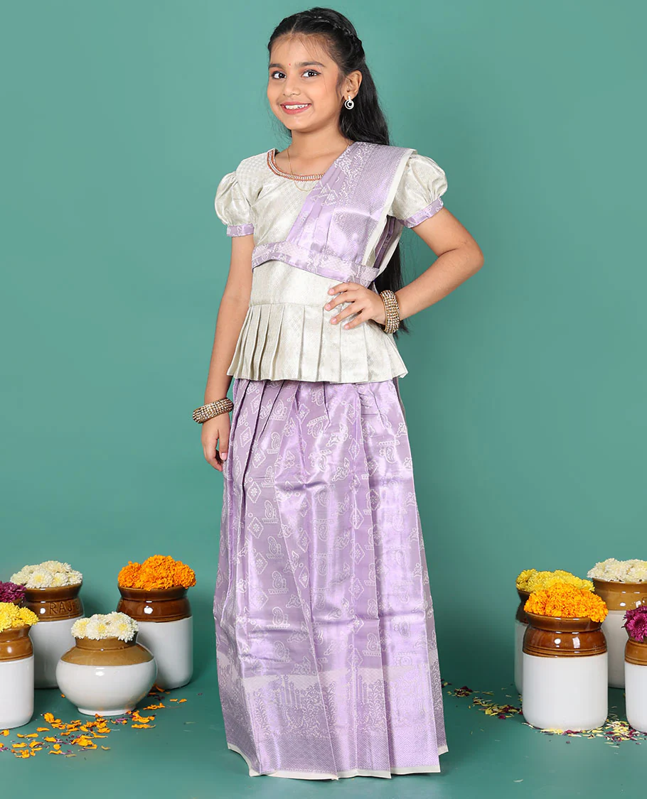 Lavender readymade art silk pavadai, zari design skirt, & jacquard embroidered round neck puff-sleeve blouse with detachable dupatta - Image 2