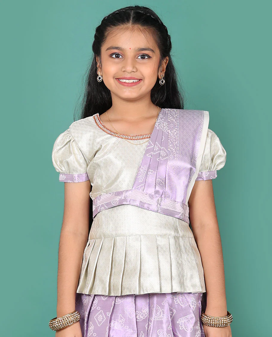 Lavender readymade art silk pavadai, zari design skirt, & jacquard embroidered round neck puff-sleeve blouse with detachable dupatta - Image 3