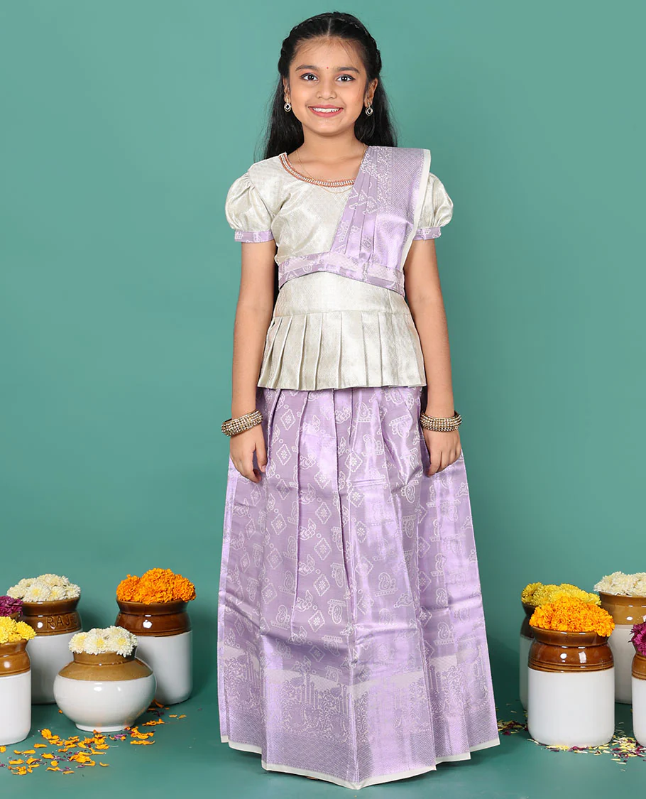 Lavender readymade art silk pavadai, zari design skirt, & jacquard embroidered round neck puff-sleeve blouse with detachable dupatta - Image 4
