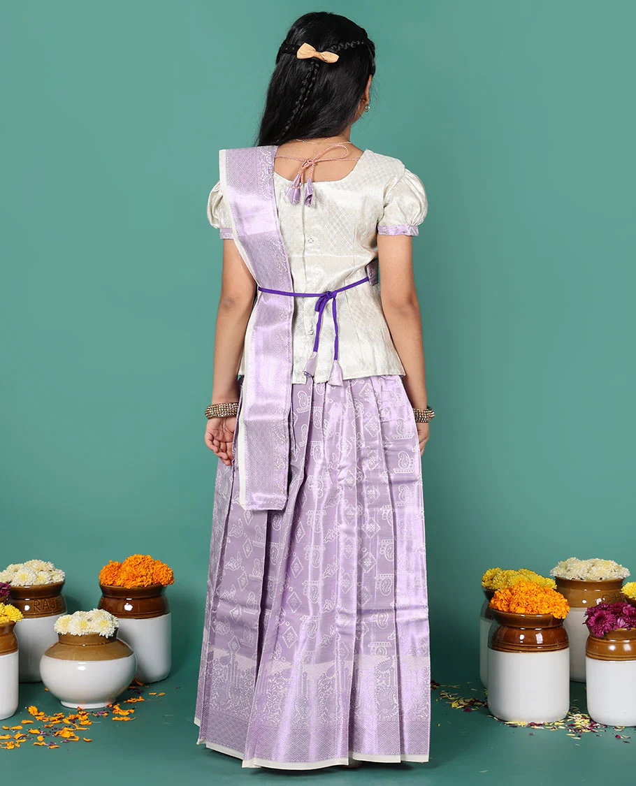 Lavender readymade art silk pavadai, zari design skirt, & jacquard embroidered round neck puff-sleeve blouse with detachable dupatta - Image 5