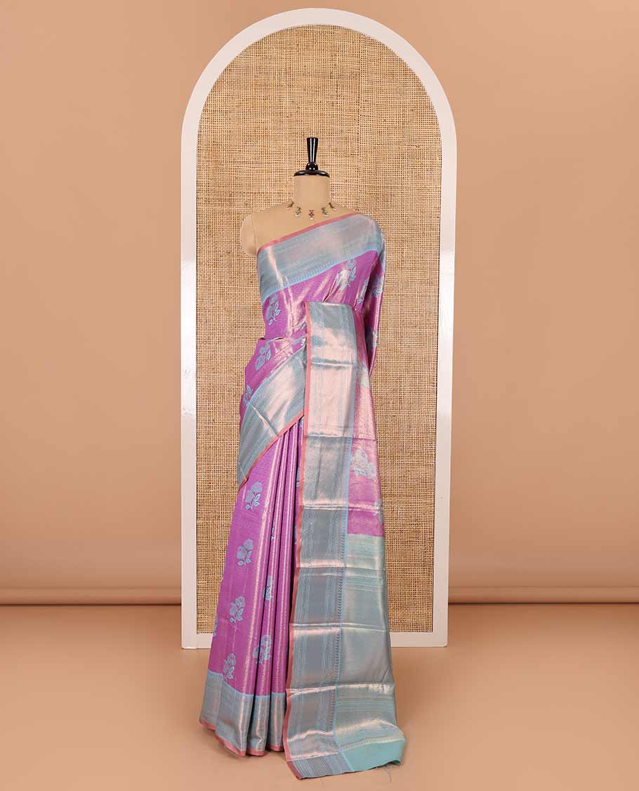 Lavender resham rose motifs and zari woven Kanchi tissue saree, contrast traditional zari border, gleaming pallu, and a contrast jacquard blouse - Image 2