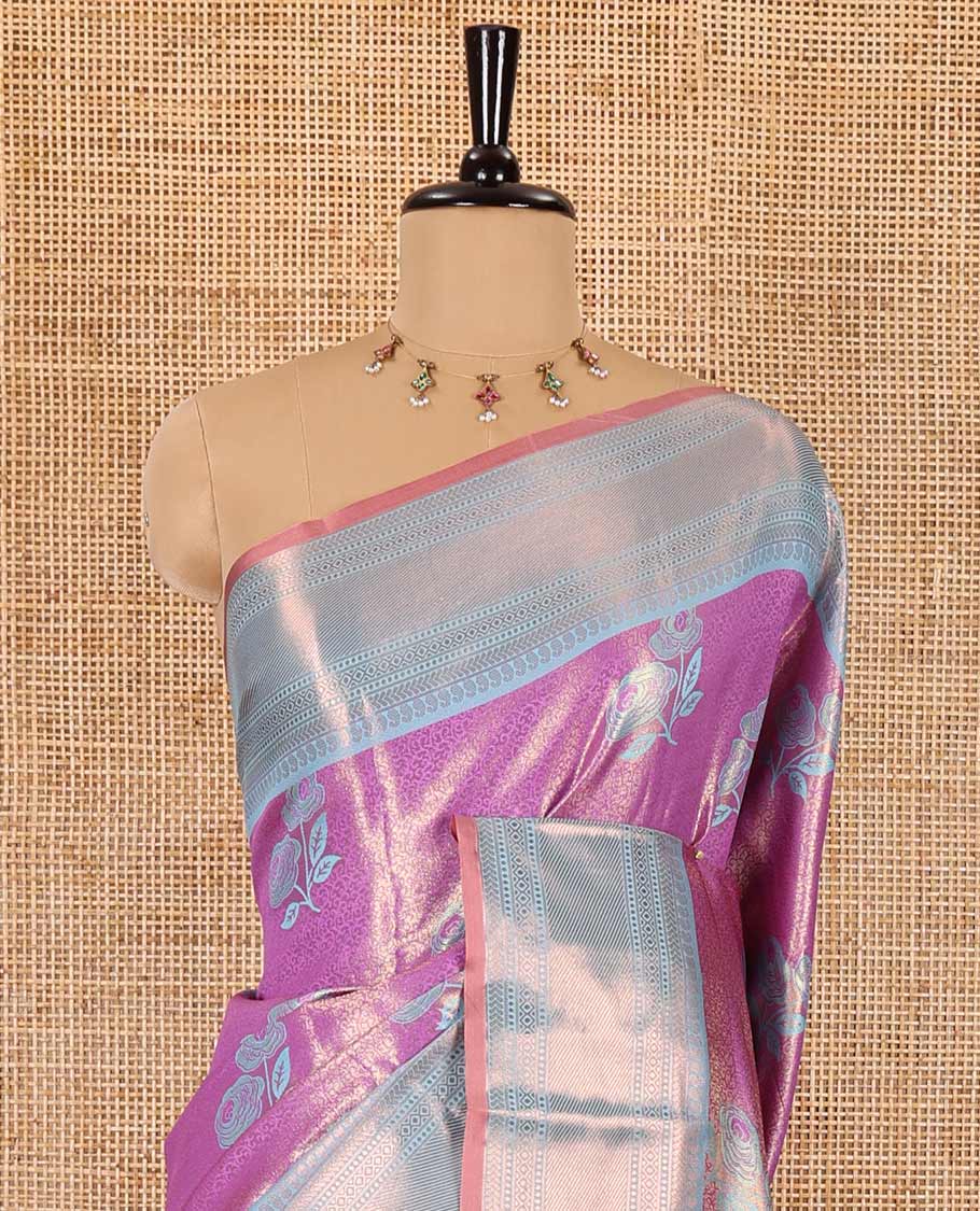 Lavender resham rose motifs and zari woven Kanchi tissue saree, contrast traditional zari border, gleaming pallu, and a contrast jacquard blouse - Image 3