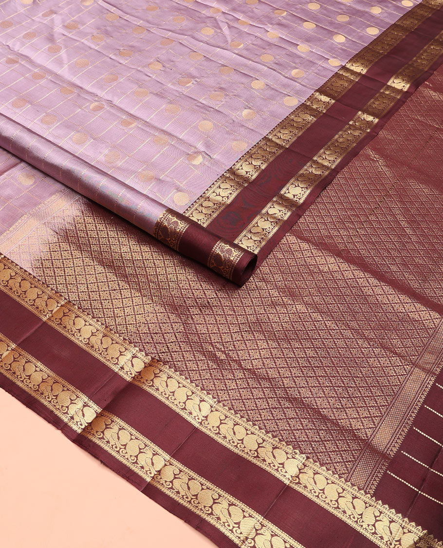 Lavender rudraksham butta enclosed checked Mayuri soft silk saree, contrast rettai pettu border of rekku, muthu, banaras, and mayil designs, and jaal pallu - Image 2