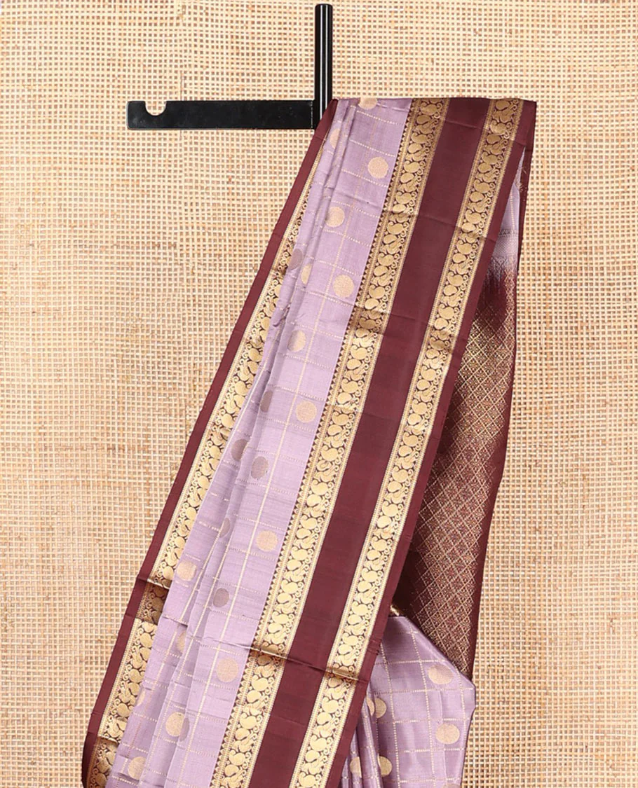 Lavender rudraksham butta enclosed checked Mayuri soft silk saree, contrast rettai pettu border of rekku, muthu, banaras, and mayil designs, and jaal pallu - Image 3
