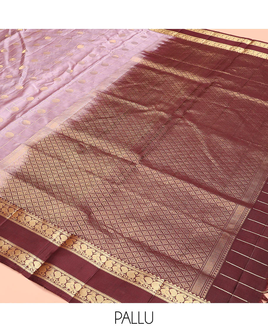 Lavender rudraksham butta enclosed checked Mayuri soft silk saree, contrast rettai pettu border of rekku, muthu, banaras, and mayil designs, and jaal pallu - Image 5