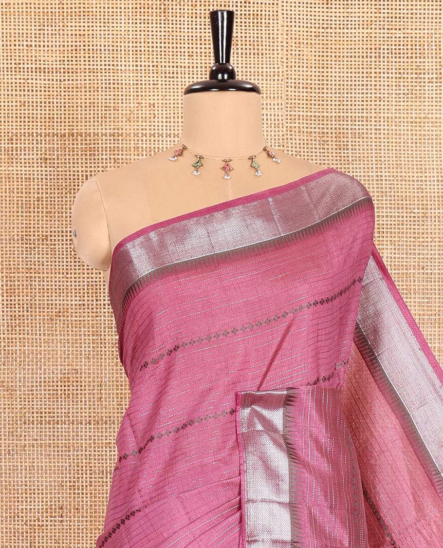 Lavender Semi-Tussar Saree Crafted with Zari Horizontal Stripes and Thread Floral Designs, Featuring a Subtly Woven Temple Zari Border, a Striped Pallu, and a Matching Blouse - Image 2
