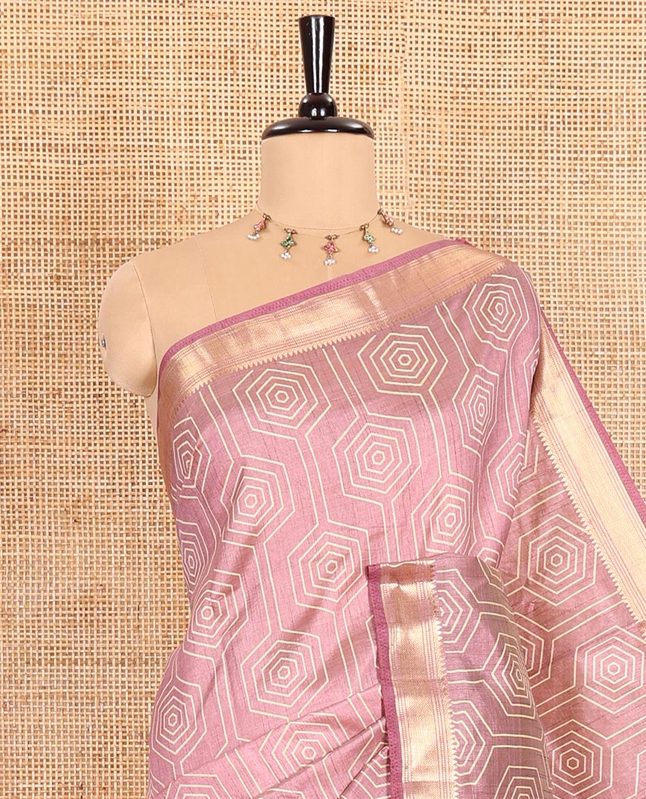 Lavender Semi-Tussar Saree Subtly Sparked with Hexagonal Geometric Patterns Printed All Over Its Body, Featuring Traditional Zari Design Border, Gleaming Zari Striped Pallu, and a Matching Blouse - Image 2