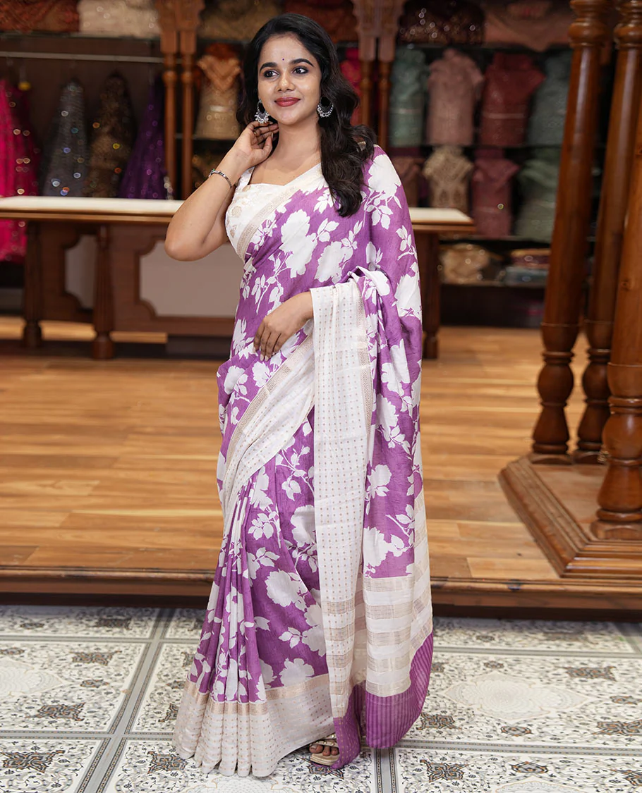 Lavender silhouette-style floral discharge printed Assam silk saree, contrast traditional zari border of rudraksham motifs, zari striped pallu, and a floral printed blouse - Image 3