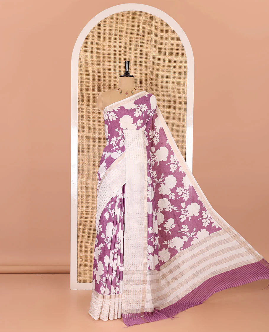 Lavender silhouette-style floral discharge printed Assam silk saree, contrast traditional zari border of rudraksham motifs, zari striped pallu, and a floral printed blouse - Image 4