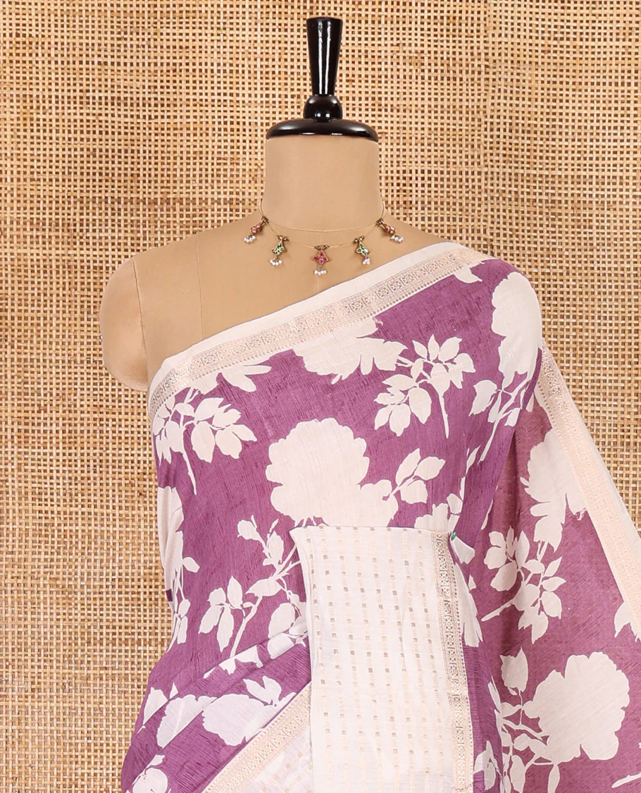 Lavender silhouette-style floral discharge printed Assam silk saree, contrast traditional zari border of rudraksham motifs, zari striped pallu, and a floral printed blouse - Image 5