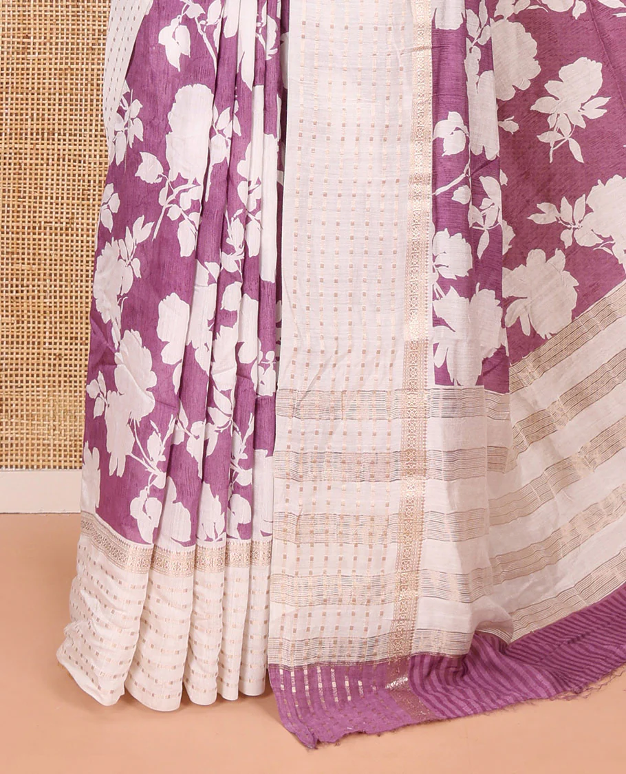 Lavender silhouette-style floral discharge printed Assam silk saree, contrast traditional zari border of rudraksham motifs, zari striped pallu, and a floral printed blouse - Image 6