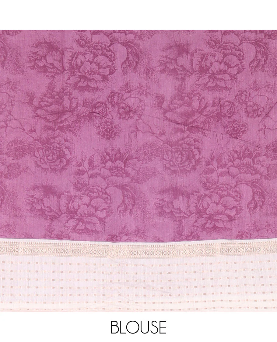 Lavender silhouette-style floral discharge printed Assam silk saree, contrast traditional zari border of rudraksham motifs, zari striped pallu, and a floral printed blouse - Image 7