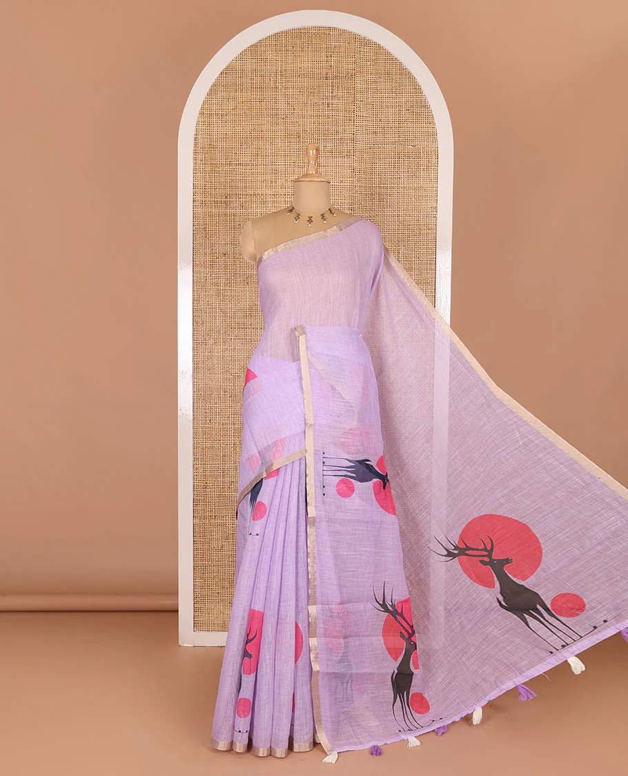 Lavender sun and deer silhouette printed linen cotton saree, gold zari piping border, printed pallu, and a matching stripes printed blouse