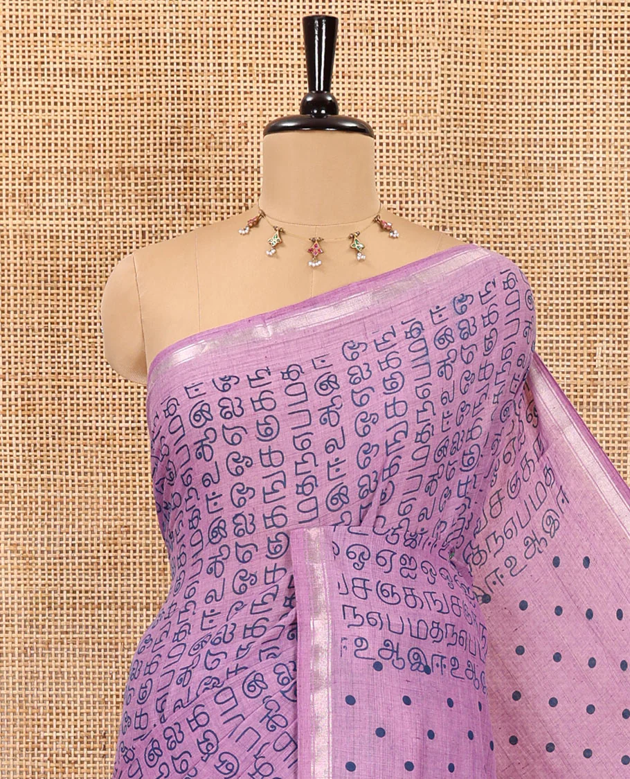 Lavender tamil letters printed soft cotton saree, zari piping border, small polka dotted pallu, and blouse of abstract and polka dots print - Image 2