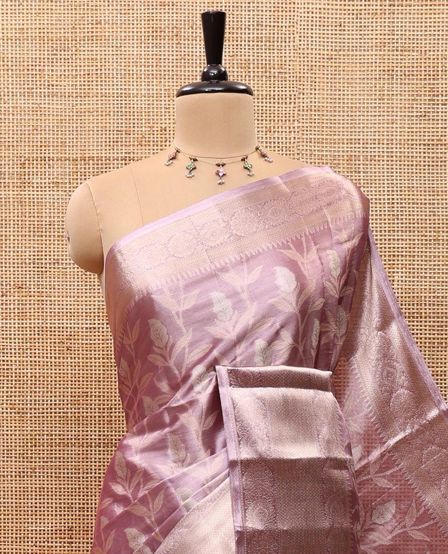 Lavender Tissue Silk Saree Adorned with Leaf Brocade in Rose Copper Zari, Featuring a Big Traditional Zari Design Border, Pallu Steeped with Floral Motifs, and Paired with a Matching Brocade Blouse - Image 2