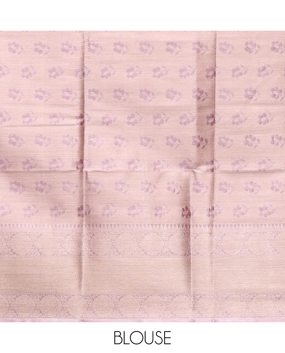Lavender Tissue Silk Saree Adorned with Leaf Brocade in Rose Copper Zari, Featuring a Big Traditional Zari Design Border, Pallu Steeped with Floral Motifs, and Paired with a Matching Brocade Blouse - Image 3