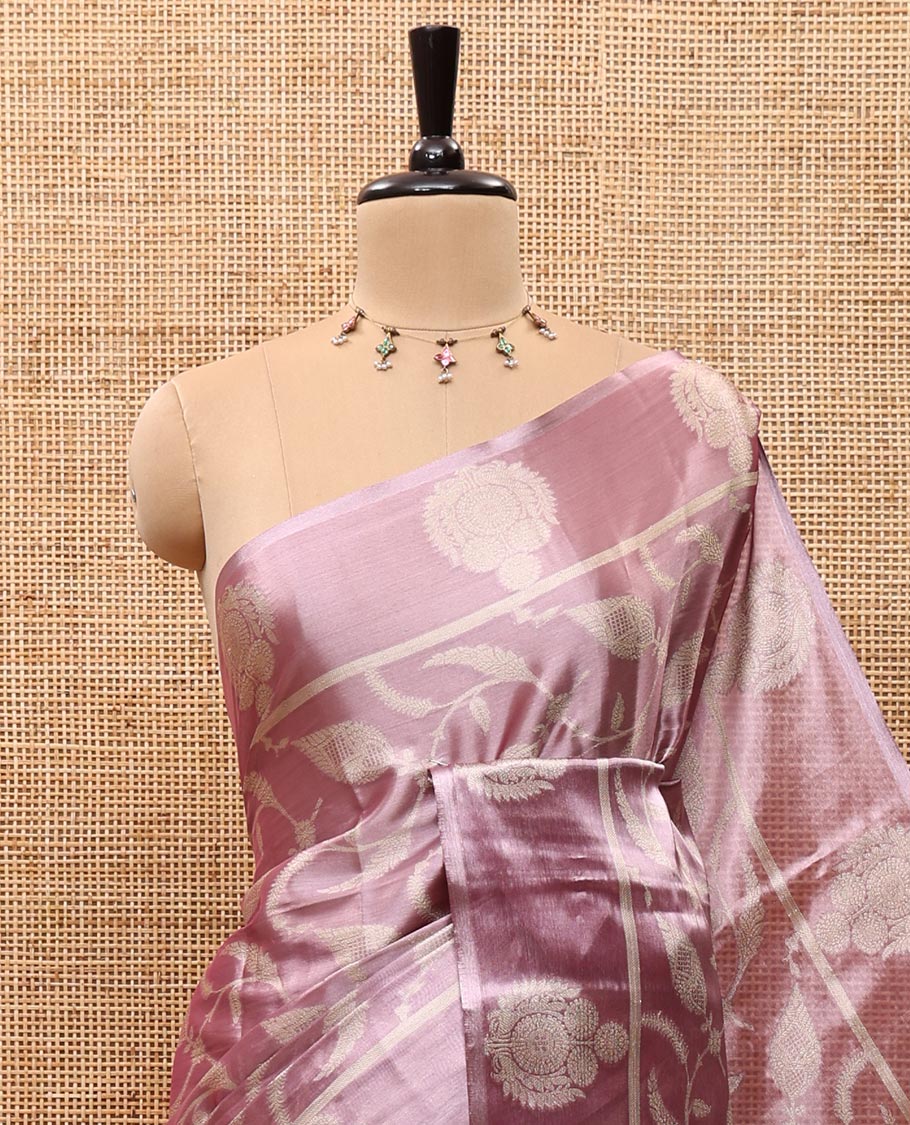 Lavender Tissue Silk Saree Elevated with Floral Jaal Brocade Weave, Featuring a Unique Motifs Woven Border, Pallu of Intricate Designs, and Paired with a Matching Brocade Blouse - Image 2