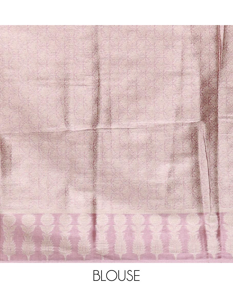 Lavender Tissue Silk Saree Elevated with Floral Jaal Brocade Weave, Featuring a Unique Motifs Woven Border, Pallu of Intricate Designs, and Paired with a Matching Brocade Blouse - Image 3