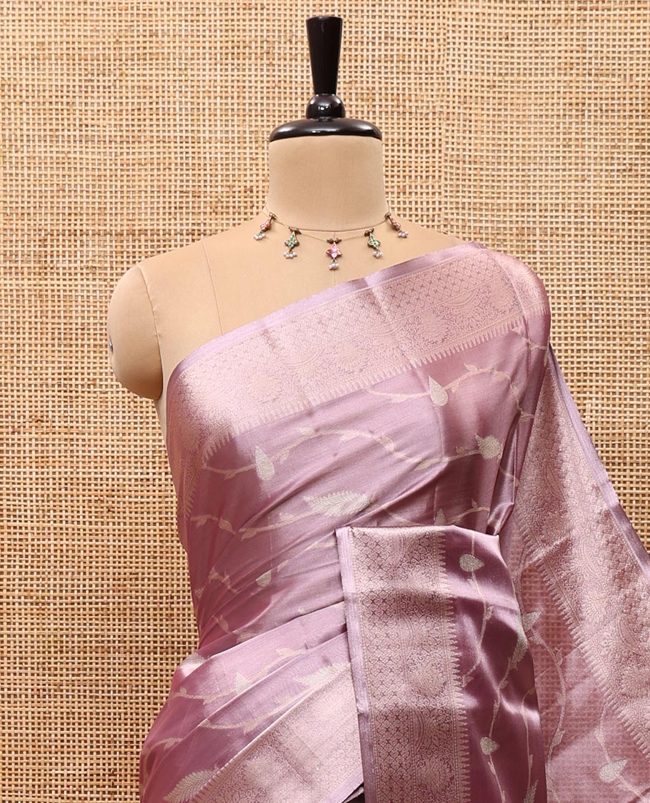 Lavender Tissue Silk Saree Featuring Floral Jaal Brocade in Rose Copper Zari, Delicately Designed Border of Traditional Motifs, Pallu Woven in Jaal Design, and a Jaal Brocade Matching Blouse - Image 2