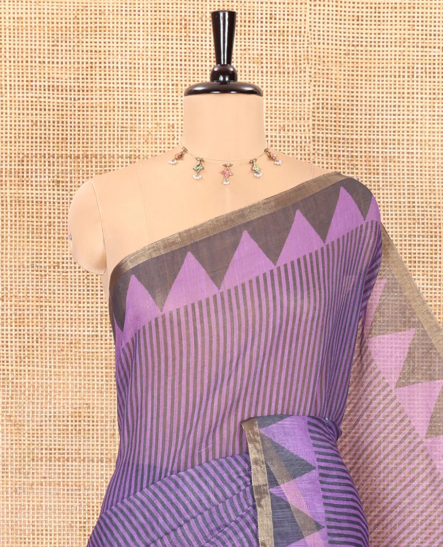 Lavender vertical stripes printed linen cotton saree, a temple-printed border, big polka dot printed pallu, and a printed blouse - Image 2