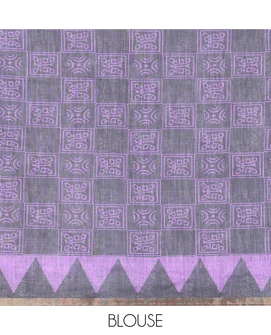 Lavender vertical stripes printed linen cotton saree, a temple-printed border, big polka dot printed pallu, and a printed blouse - Image 3