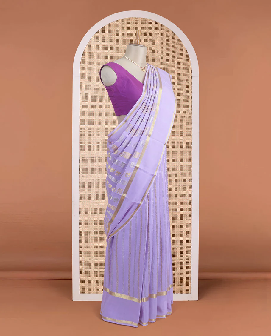 Lavender yaali, peacock and zari buttas woven Mysore silk saree, rettai pettu traditional zari border, and jaal pallu